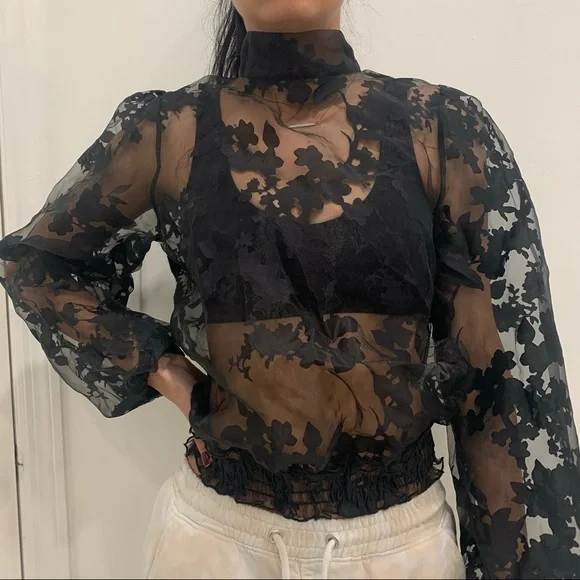 Black floral print mesh top - Picture 2 of 4